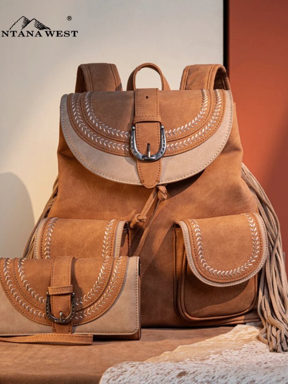 Montana West Fringe Buckle Collection Backpack Wallet Set - Tan